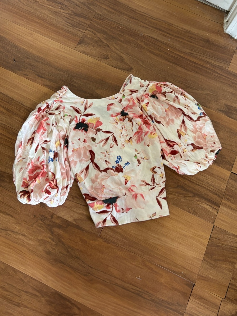 Express Floral Puff Sleeve Tie Front Crop Top Pink Cream Cotton boho chic Small